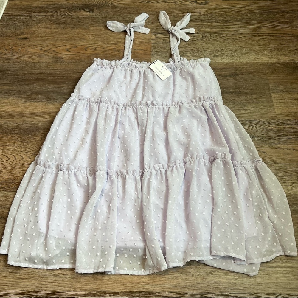 NWT Windsor Swiss Dot Tiered Babydoll Mini Dress Lavender Tie Strap Ruffle Small - Picture 4 of 6